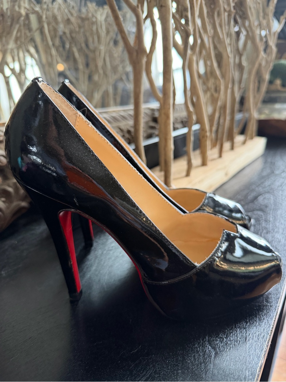 Christian Louboutin Black Patent Peep-Toe Pumps with Red Soles